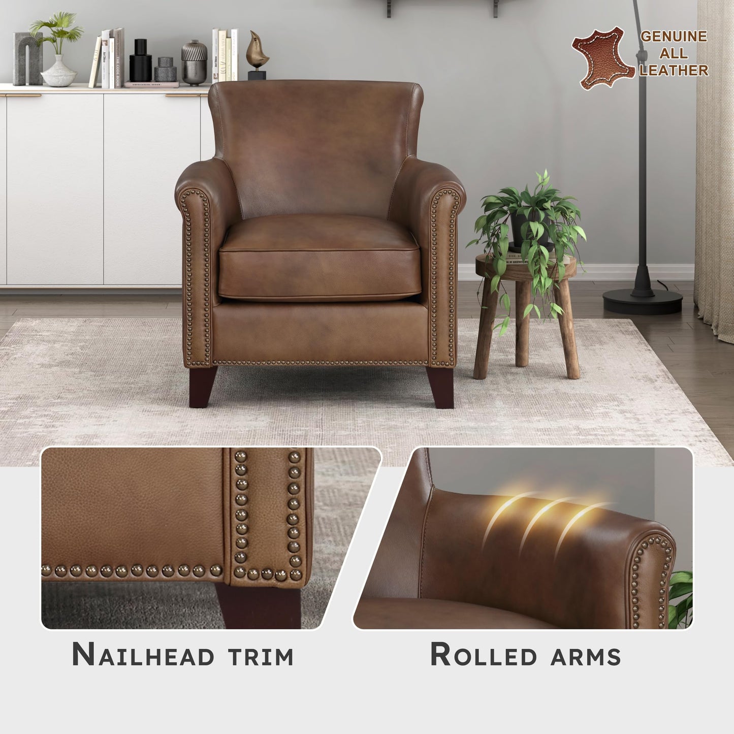 Lexicon 100% Top Grain Genuine Leather Chair, Leather Accent Chairs for Living Room, Solid Wood Frame, Rolled Armrest & Nailhead Trim, Comfy Reading for Bedroom, Office, Waiting Room, Classic Brown