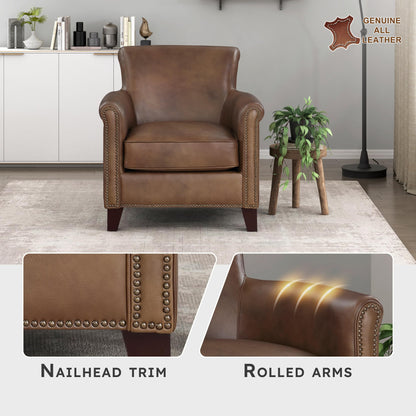 Lexicon 100% Top Grain Genuine Leather Chair, Leather Accent Chairs for Living Room, Solid Wood Frame, Rolled Armrest & Nailhead Trim, Comfy Reading for Bedroom, Office, Waiting Room, Classic Brown