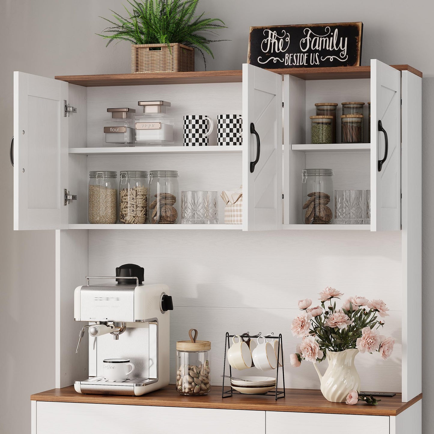 IDEALHOUSE 71" Kitchen Pantry Storage Cabinet with Charging Station, Farmhouse Kitchen Hutch Cabinet with 2 Storage Drawers, Large Food Pantry with Microwave Stand for Dining Room,Living Room,White