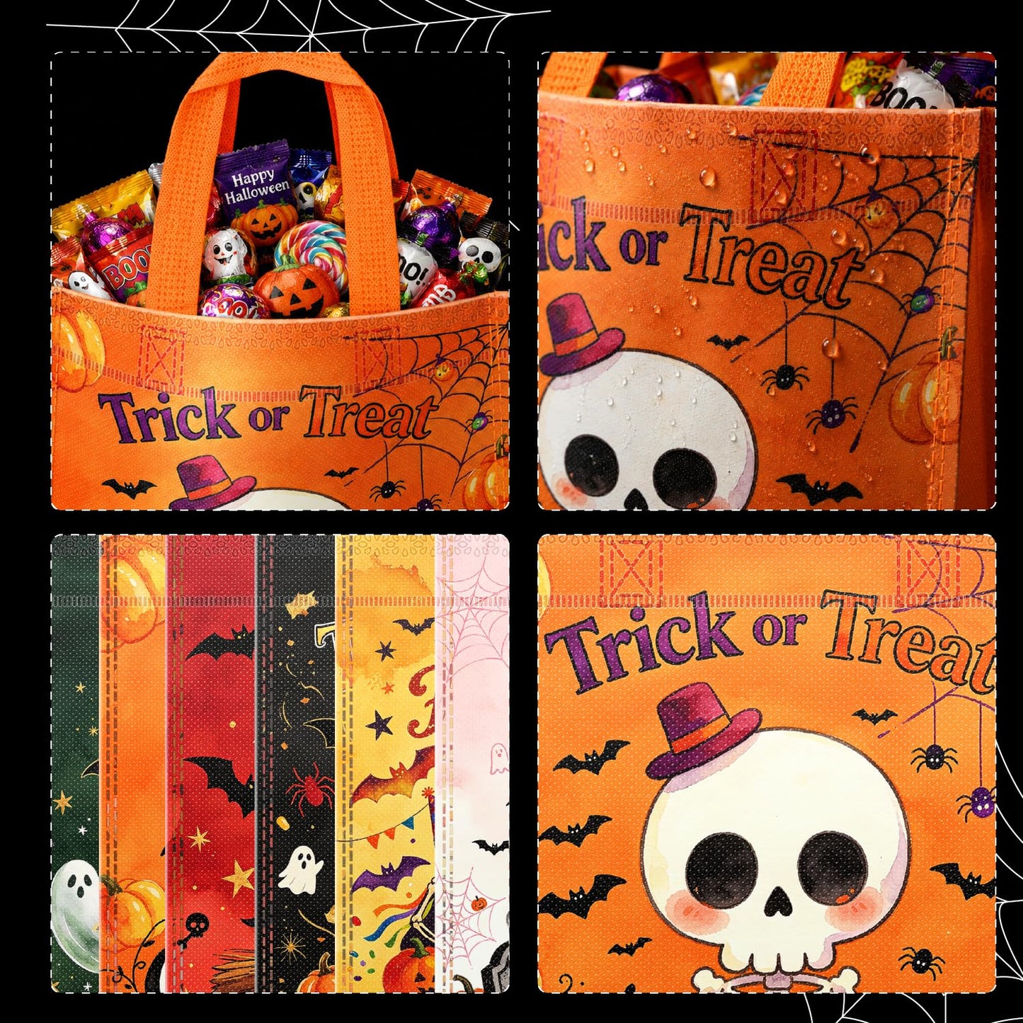 24Pcs Halloween Non-Woven Trick or Treat Candy Bags, Small 8.3×8.7 Inch Reusable Treat Gift Totes with Sturdy Handles, Cute Ghost Pumpkin Skeleton Witch Haunted House Prints for Kids Halloween Party Favor Supplies