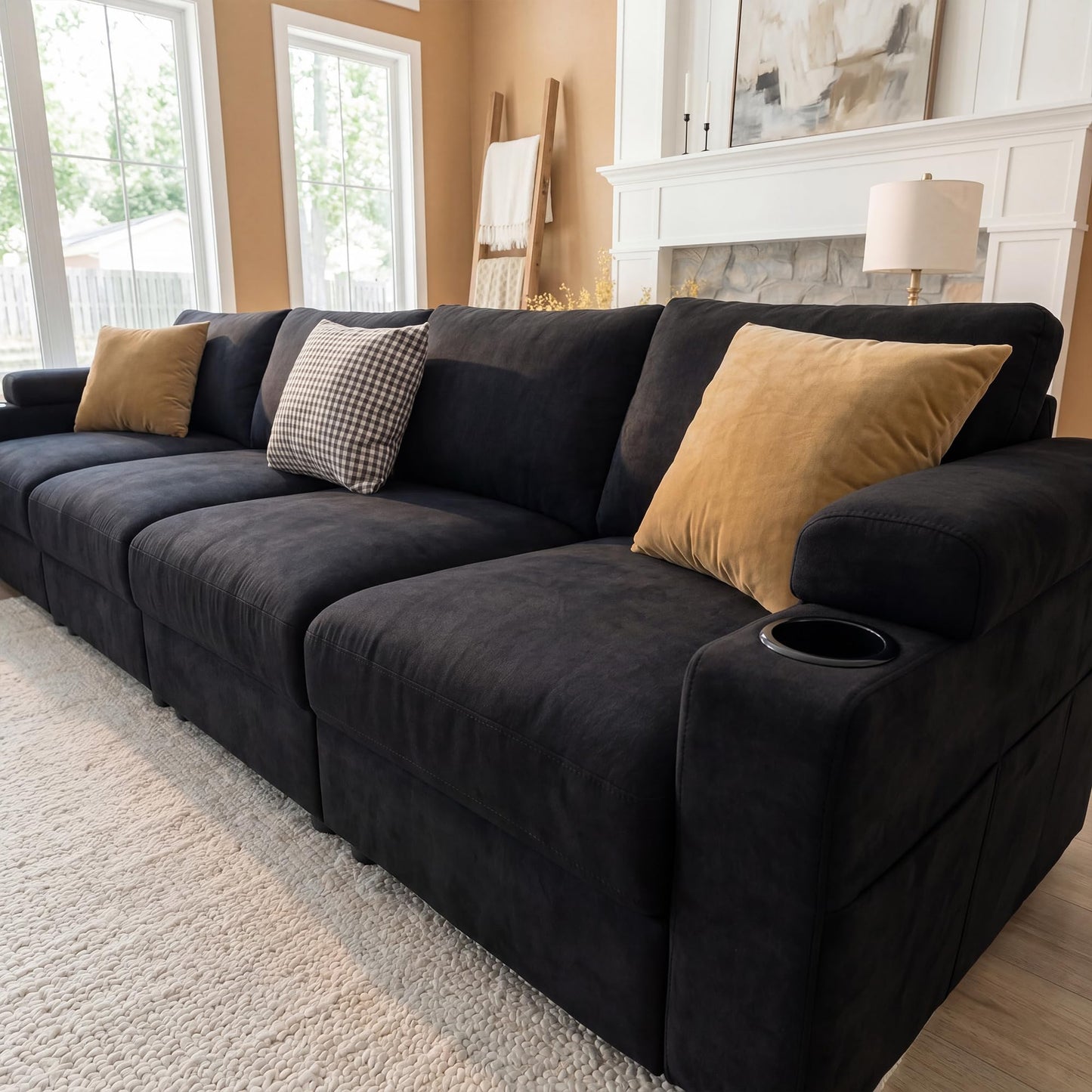 Sectional Couches for Living Room FSC Certified Velvet Modular Couch Oversized Cloud U Shaped Convertible Sleeper Sofa Chaise Detachable Armrest Cushion (Chenille Black, 4 Seat)