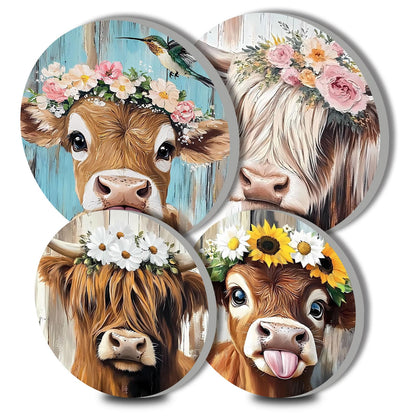 Funny Cow Head Electric Stove Burner Covers, Set of 4 Round Stove Burner Covers, 8 and 10 Inch, Cow Wearing a Wreath Gas Stove Burner Covers, Metal Stove Burner Cover, Modern Cooktop Decorative