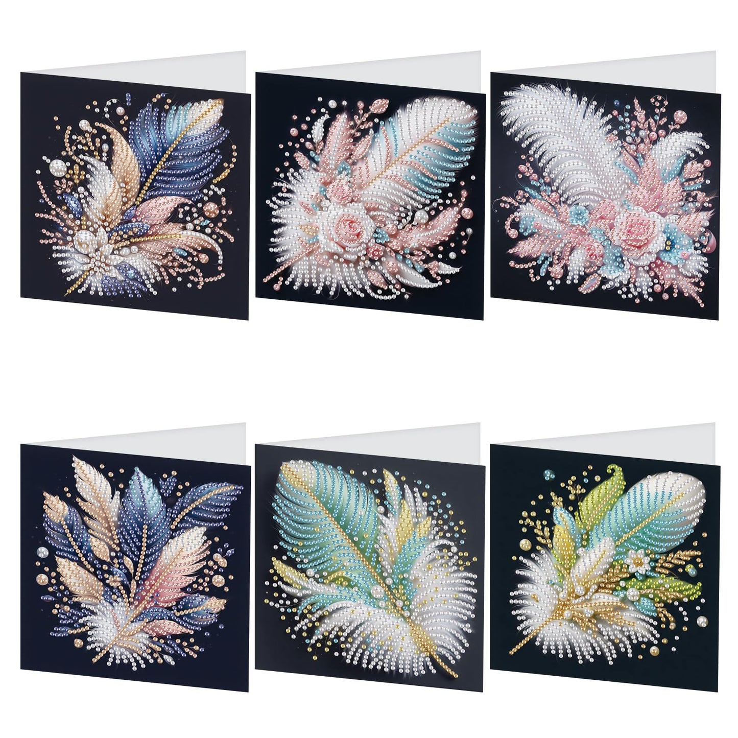 TDFERAN 6 Pack DIY Diamond Painting Greeting Cards Assortment with Envelopes Diamond Art Kits for Adults Blank Cards Cards for All Occasions Thank You Baby Wedding and More Note Cards Feather