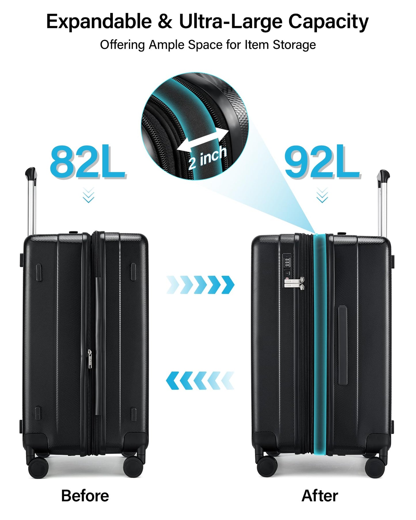 Hanke 24 Inch Plus Expandable Luggage Large Suitcases with Wheels, Medium Checked Luggage Hard Shell Suitcases, PC Trunk Luggage Extra Large Suitcase with Lock for Women Men(Jet Black)