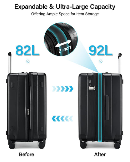 Hanke 24 Inch Plus Expandable Luggage Large Suitcases with Wheels, Medium Checked Luggage Hard Shell Suitcases, PC Trunk Luggage Extra Large Suitcase with Lock for Women Men(Jet Black)
