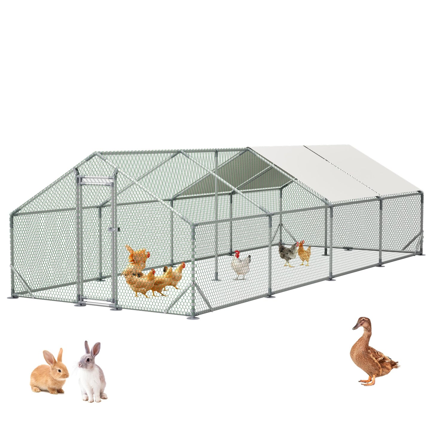Metal Chicken Coop 26×10×6.56FT,Chicken Run Pen with Spire Roof,Water-Proof and UV-Proof Cover,Secure Mesh Walk-in Hens Fence with Lockable Door,Poultry Cage for Small Animal Like Hens,Ducks,Rabbits