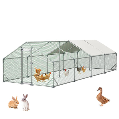 Metal Chicken Coop 26×10×6.56FT,Chicken Run Pen with Spire Roof,Water-Proof and UV-Proof Cover,Secure Mesh Walk-in Hens Fence with Lockable Door,Poultry Cage for Small Animal Like Hens,Ducks,Rabbits