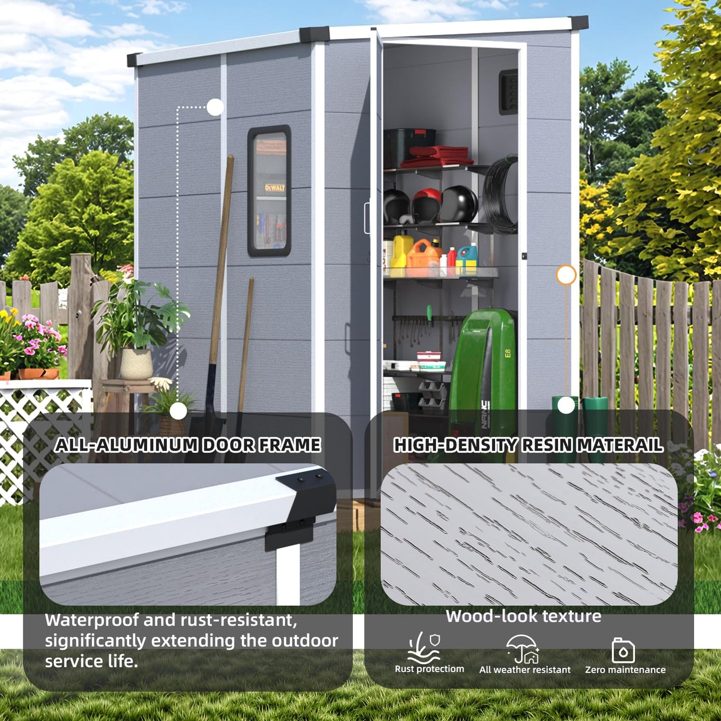 MELLCOM 5 x 4 FT Outdoor Storage Tool Shed with Windows and Lockable Door, Resin Outdoor Storage Shed with Floor, Resin Garden Shed for Garbage Can, Lawnmower, Bike