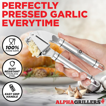 Alpha Grillers Garlic Press Stainless Steel - Easy to Clean, Rust-Proof, Dishwasher Safe - Stainless Steel Garlic Press, Mincer, Crusher with Silicone Peeler & Cleaning Brush