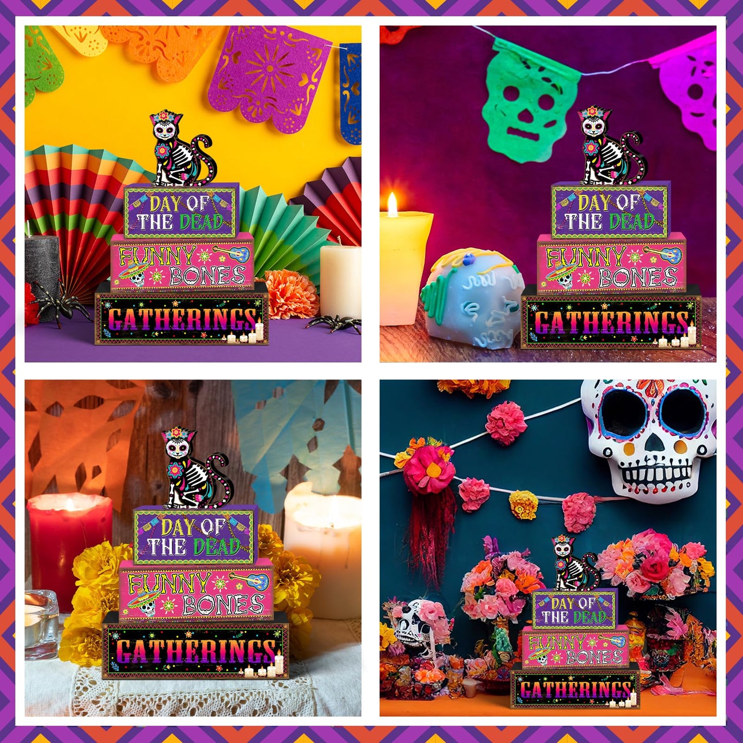 Britimes 4 Pcs Day of the Dead Table Decor Halloween Cat Tiered Tray Decorations Set Funny Bones Stack Block Signs Gift Rustic Farmhouse Tabletop Decor for Table & Home Office
