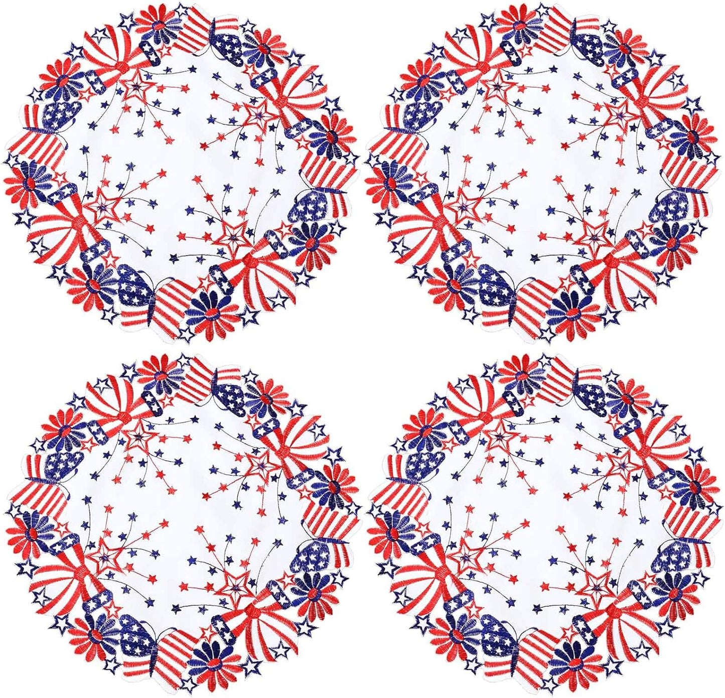 Simhomsen Embroidered Patriotic Round Doily Placemats, Set of 4 for July 4th, American Independence Day, 15 inches