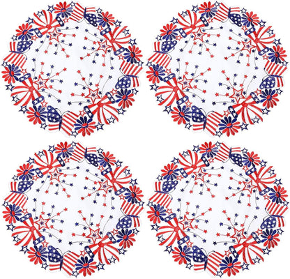 Simhomsen Embroidered Patriotic Round Doily Placemats, Set of 4 for July 4th, American Independence Day, 15 inches