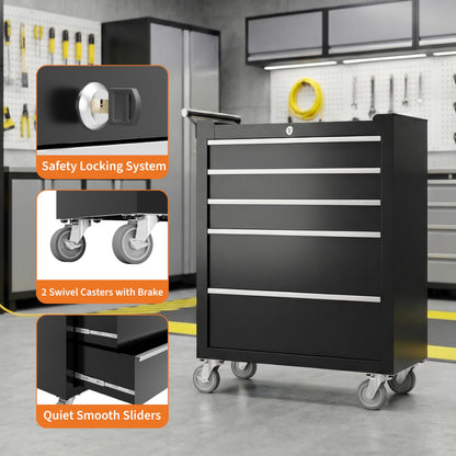 IDEALHOUSE Rolling Tool Chest, 5 Drawers Tool Storage Cabinet, Toolbox with Wheels, Portable Tool Cabinet Organizer with Locking System & Drawer Liners, Tool Storage Cart for Garage, Workshop, Black