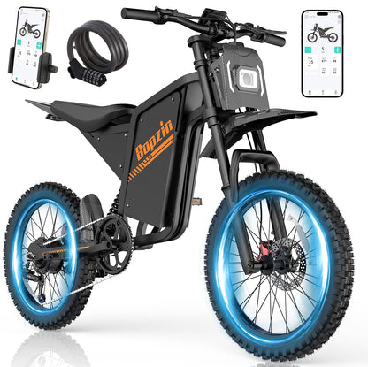 Bopzin Electric Dirt Bike for Adults, 2500W Motor 35MPH, 52V 25Ah Battery 80+ Miles Range, 20"x3" Fat Tires, App Control & Keyless Unlock, Full Suspension, Hydraulic Brakes, UL2849 Certified