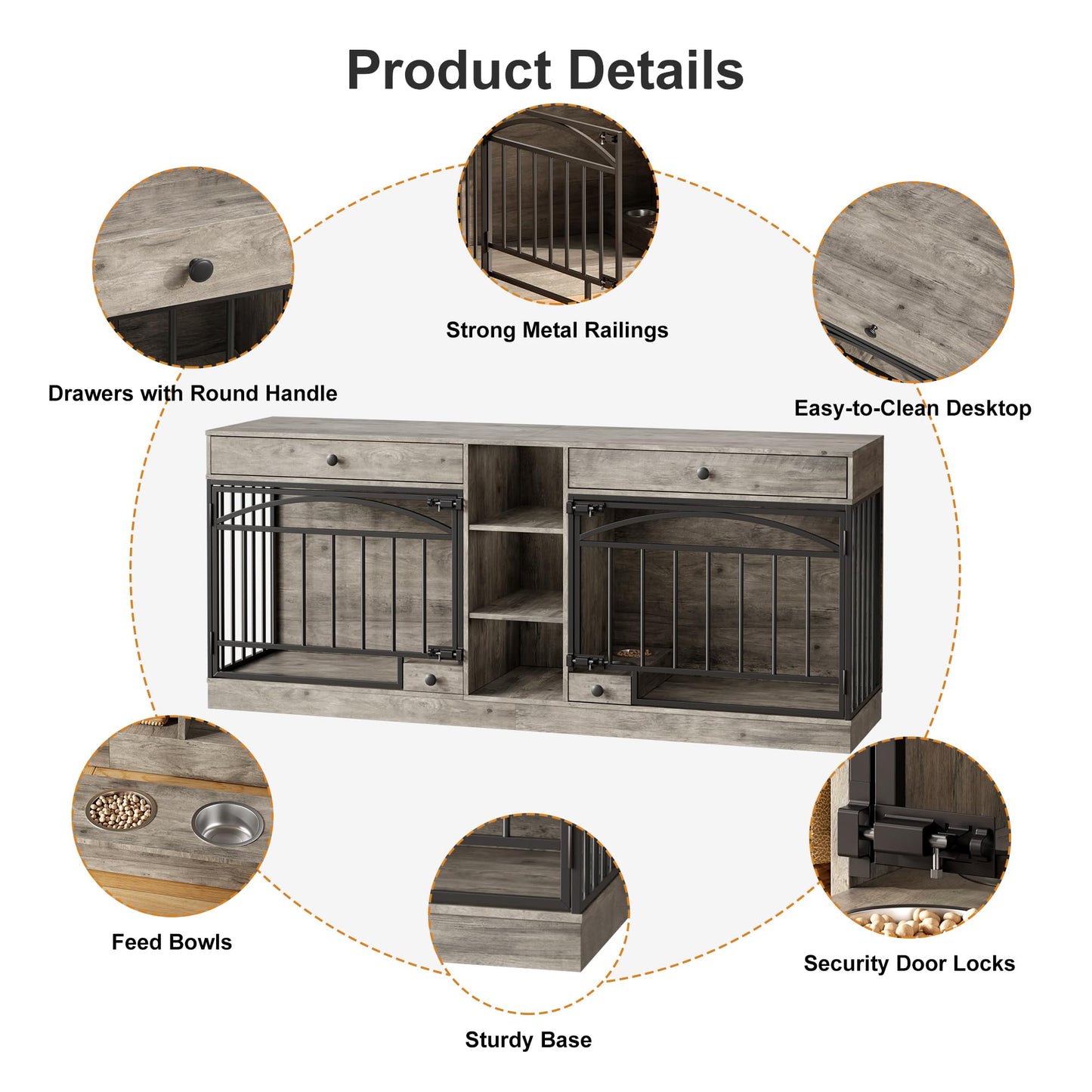 GarveeHome Dog Crate Furniture for 2 Dogs, Dog Kennel Indoor with Storage and Feeding Bowls, Double Dog Crate TV Stand for Small Medium Dogs, Grey