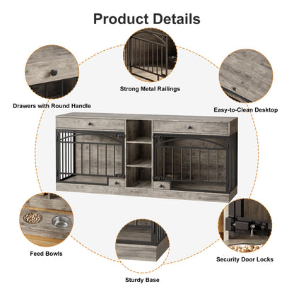 GarveeHome Dog Crate Furniture for 2 Dogs, Dog Kennel Indoor with Storage and Feeding Bowls, Double Dog Crate TV Stand for Small Medium Dogs, Grey