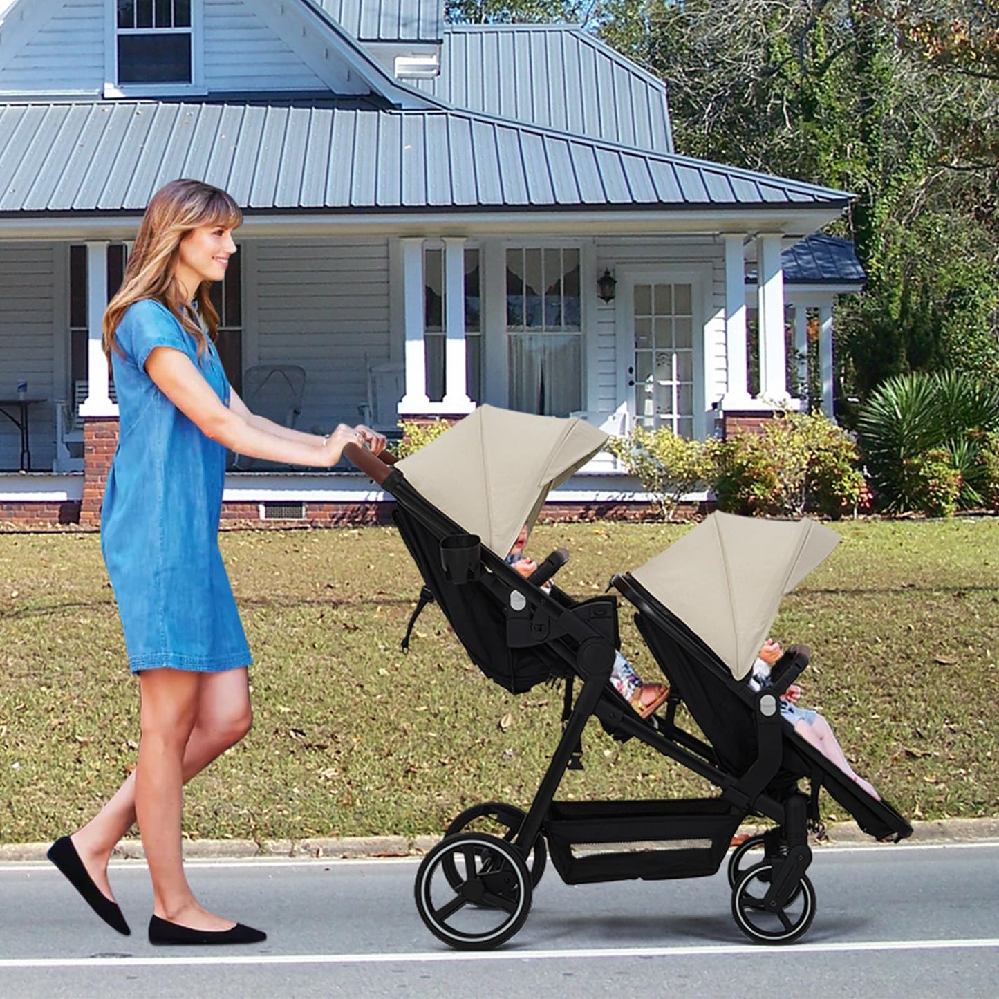 Tandem Double Stroller for Twins, Foldable Baby Stroller for Newborns 0-6 Months, Reversible Adjustable Seats, Shock-Absorbing Swivel Wheels & One-Step Brake, Storage Basket & Sun Canopy, Beige