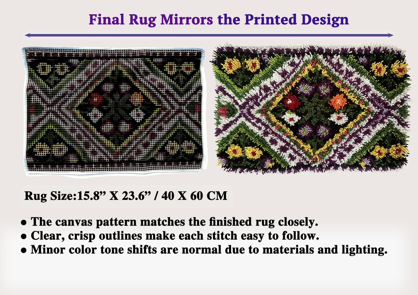 KitsMaster Vintage Garden Latch Hook Rug Kit, Floral DIY Rug Making Kit, Complete Craft Kit with Printed Canvas & Instructions, 23.6''x15.8'' (Floral Diamond)