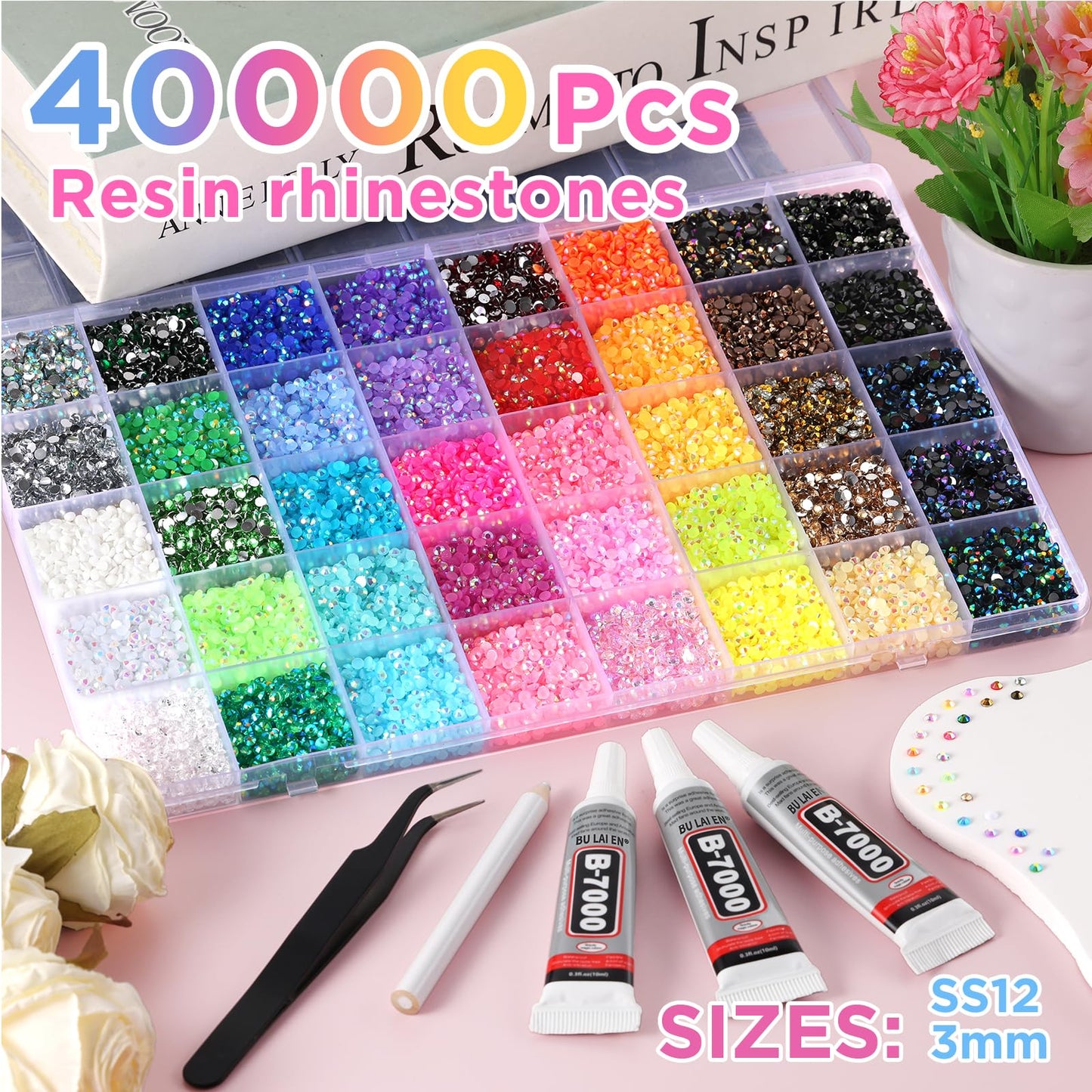 Zefy 40000 Pcs Resin Jelly Rhinestones for Bedazzling, 40 Colors 3mm Flatback Gems for Crafting, Bedazzling Kit with 3Pcs B7000 Glue for Clothing Shoes Nail Book Diamond Art