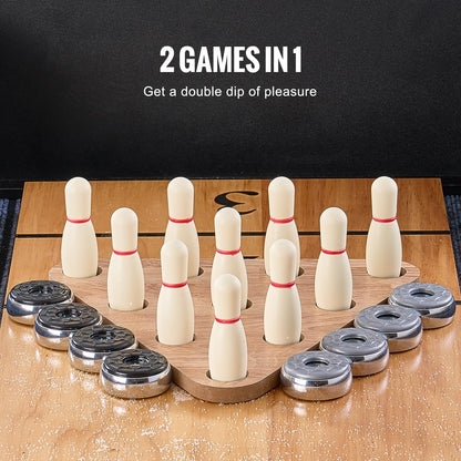 VEVOR Shuffleboard Table, 11.5 ft Shuffleboard for Family Game Rooms, 2 in 1 Shuffleboard and Bowling Combo Game Set, with Scratch-Resistant Playfield, Legs, 8 Pucks, Bowling Set, Wax, and Table Brush