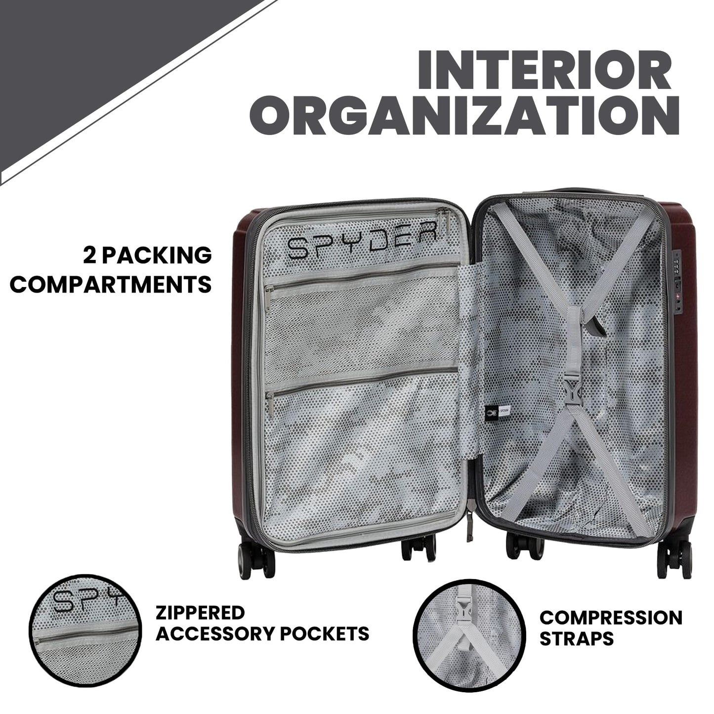 Spyder Traverse 3 Piece Carry On & Checked Suitcase Set with 360° Spinner Wheels, TSA Approved Lock (20 Inch, 25 Inch, 29 Inch), Cherry