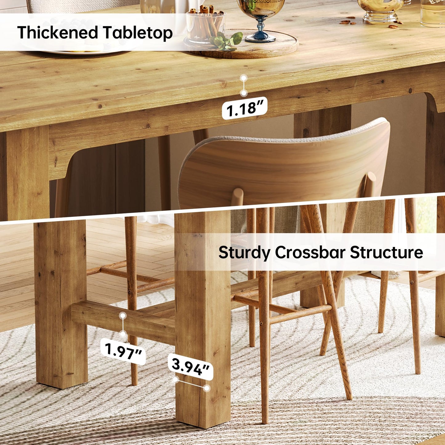 TRIBEWOOD 63-Inch Counter Height Dining Table, Solid Wood bar Height Kitchen Table for Dining Room, Rectangular Home Bar Furniture with Natural Grain, Brown
