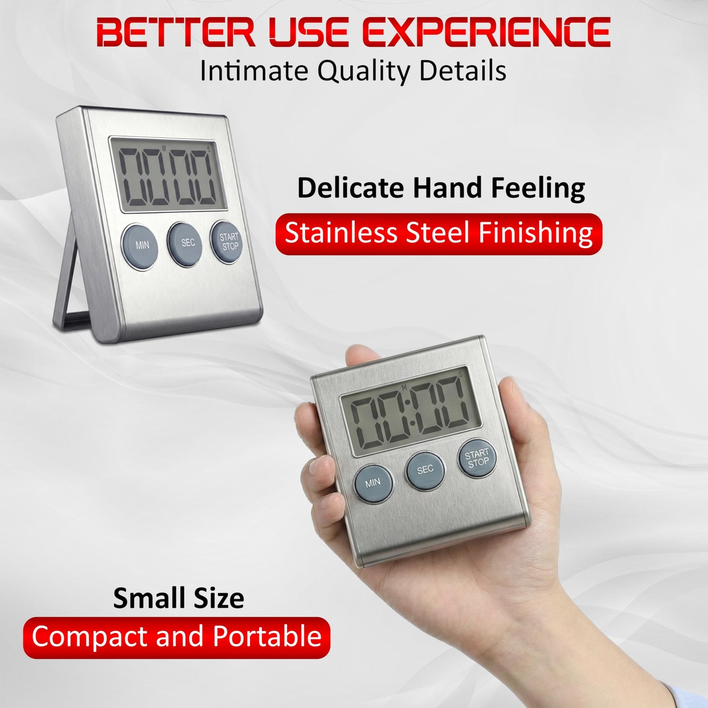 Digital Kitchen Timer for Cooking, Magnetic Countdown Timer with Loud 80dB Alarm, Large Display, Adjustable Stand, Auto Memory, Stop Watch for Classroom, Study, Kids - Silver