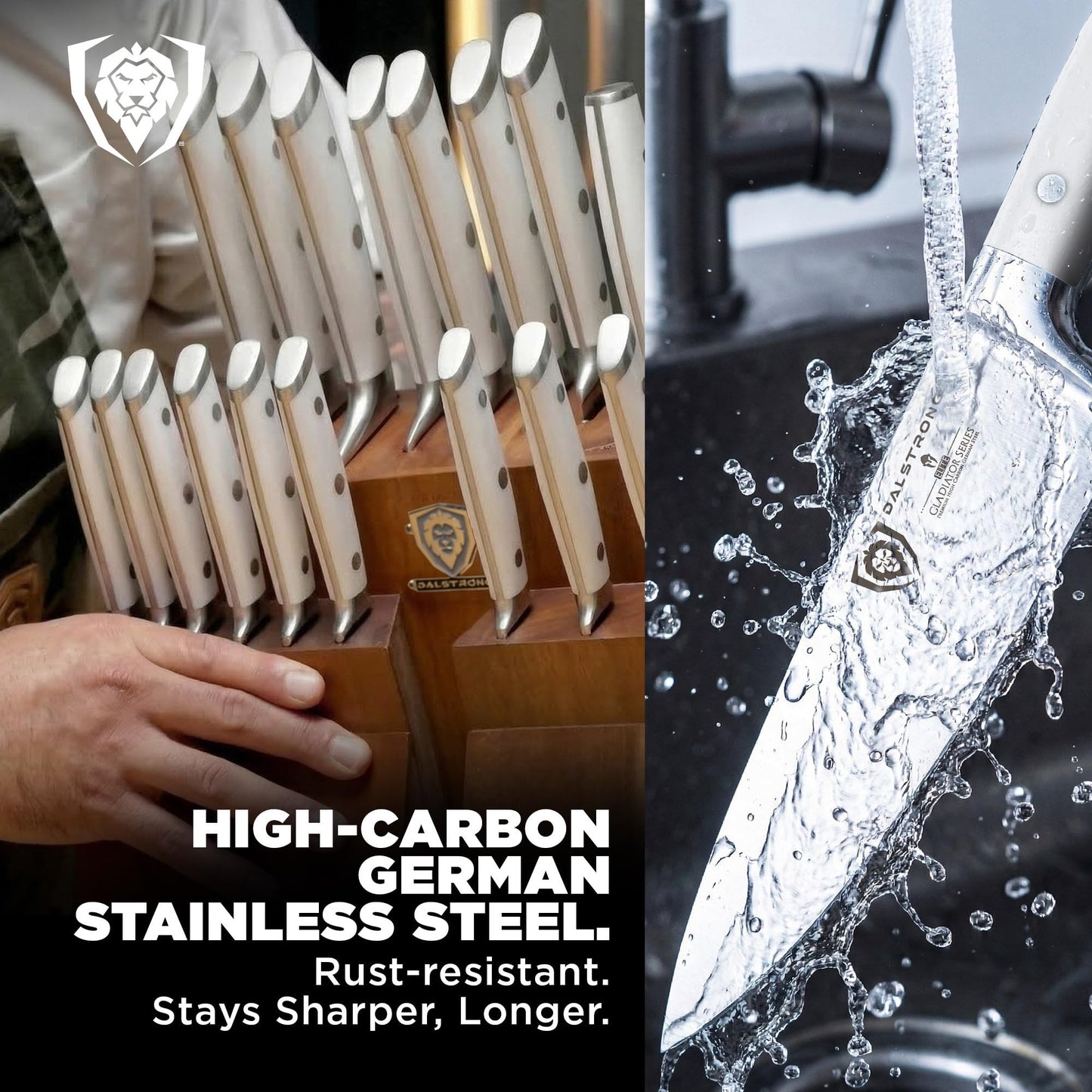 Dalstrong 18-Piece Gladiator Colossal Knife Block Set (White Handles) — German High-Carbon Steel, Full-Tang, Hand-Sharpened — For Home Chefs, Wedding Registries & Serious Kitchens — Acacia Block, NSF
