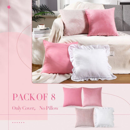 Yuntau Pink 8 Pcs Picnic Pillow Covers Only 18x18 Inch Boho Aesthetic Throw Cushion Cases Luxury Picnic for Summer Birthday Bachelorette Tea Party Brunch Beach Backyard Bed Sofa Decor