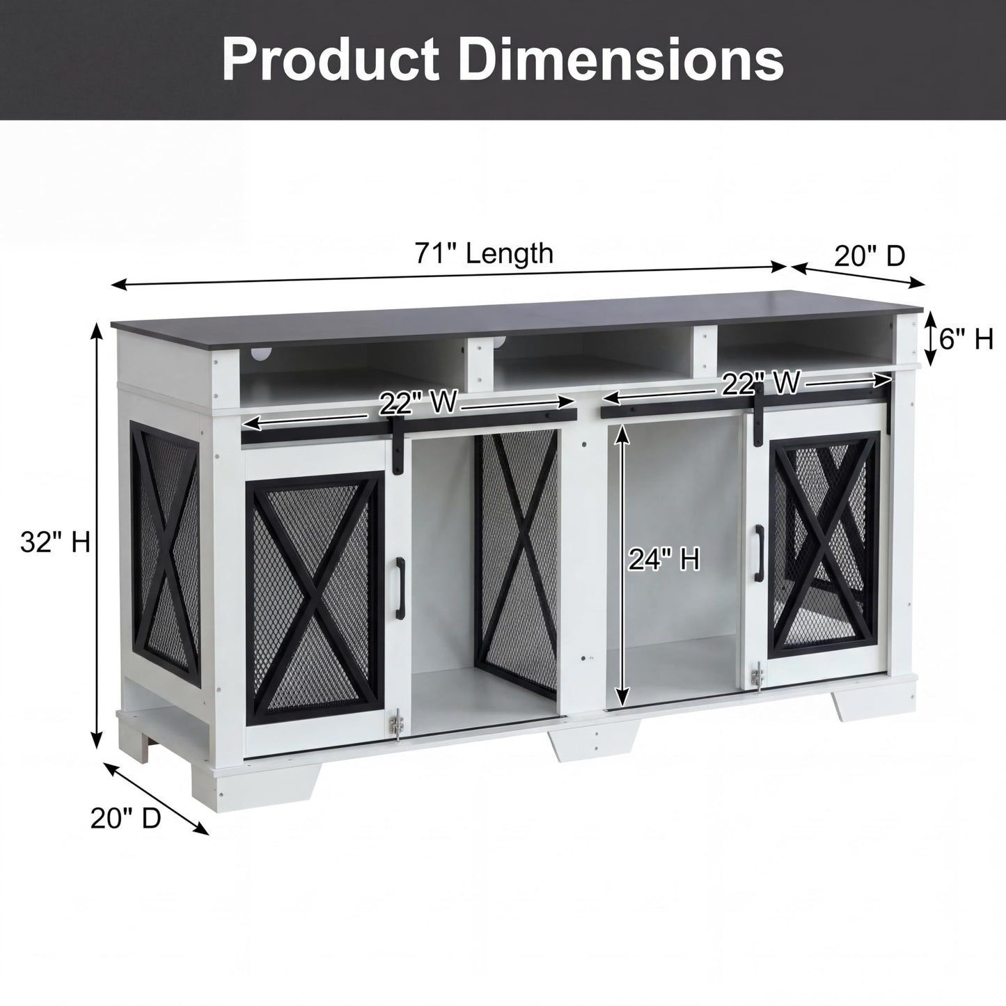 Garvee 71" Double Dog Crate Furniture with Divider, Heavy Duty Wood & Metal Dog Cage for Large Dogs, Dual Compartment Dog Kennel with Double Doors, Indoor Dog Crate TV Stand