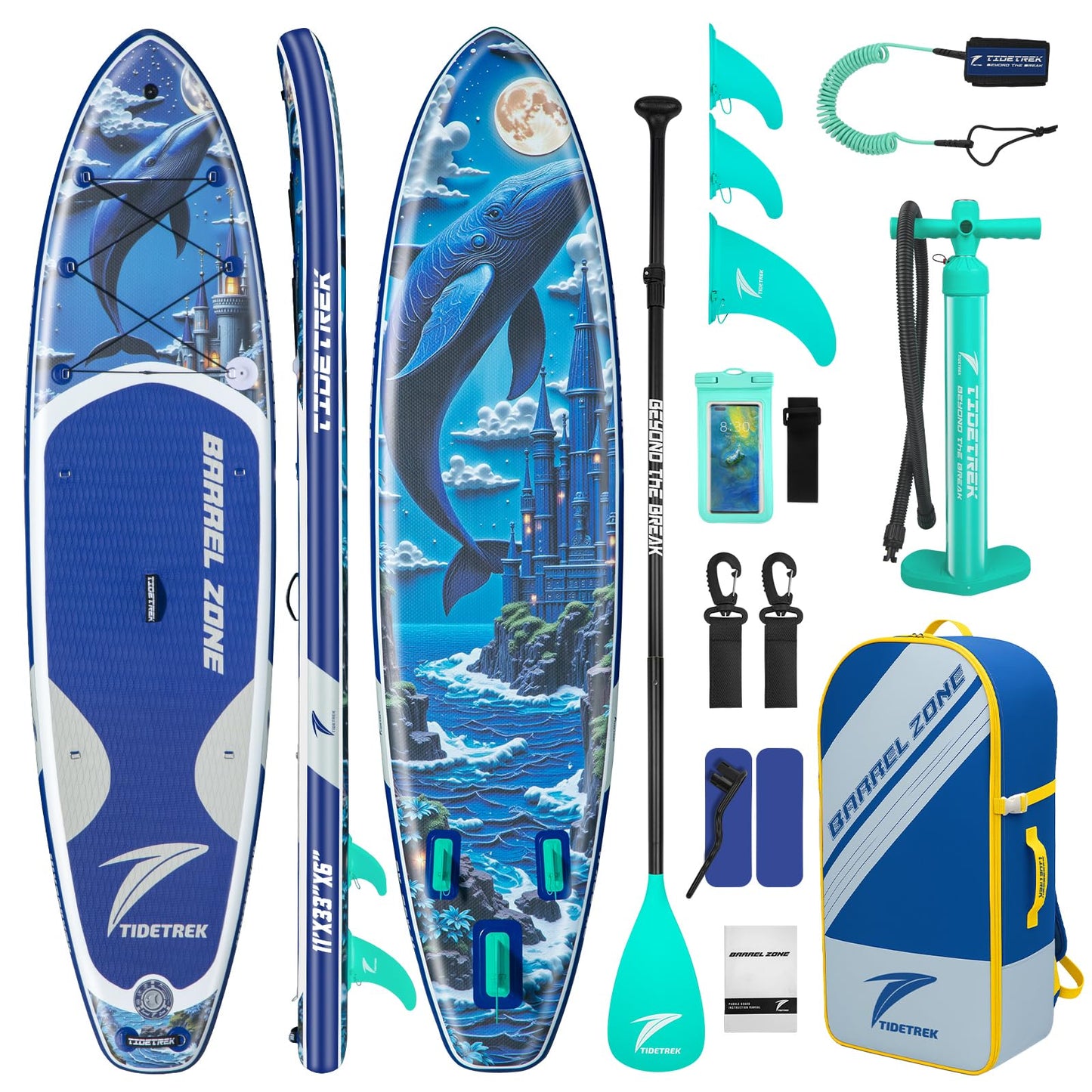 TIDETREK 11'/11'6" x 33"/34" x 6" Inflatable SUP Paddle Board – Extra-Wide, Stable Stand Up Paddle Board with Premium Full Accessory Set for Adults & Youth (Whale Dream, 11'x33 x6)