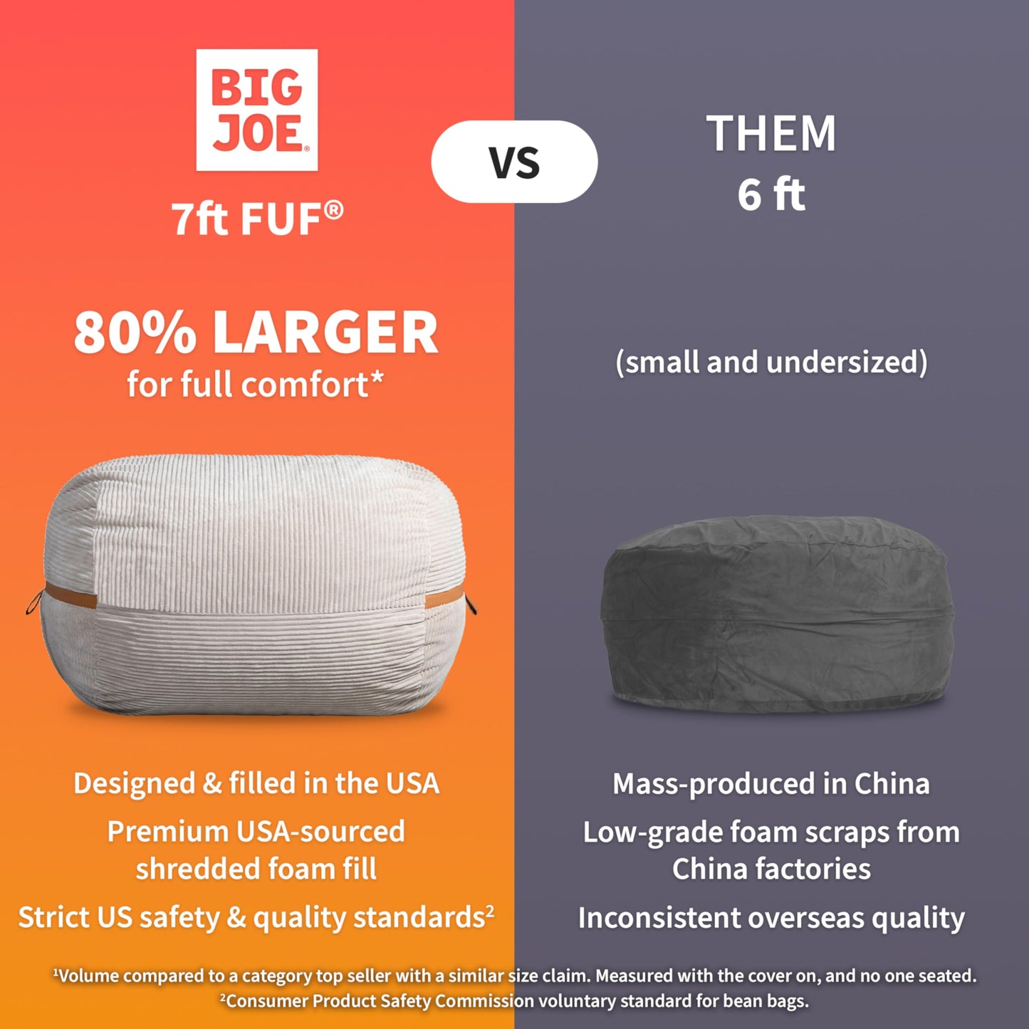 Big Joe Fuf 7Ft Giant Foam Bean Bag Chair, Oversized Couch with Removable Cover for Kids, Teens, Adults, Coffee Soft Vegan Leather, 7 Foot