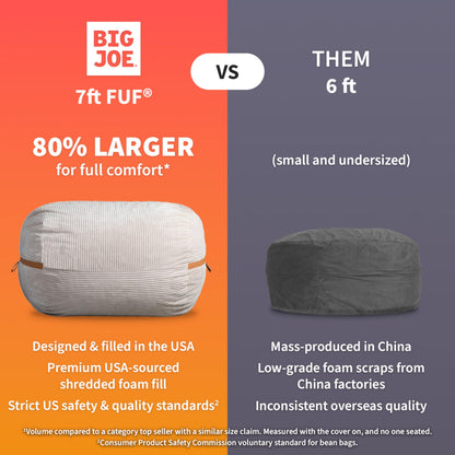 Big Joe Fuf 7Ft Giant Foam Bean Bag Chair, Oversized Couch with Removable Cover for Kids, Teens, Adults, Coffee Soft Vegan Leather, 7 Foot