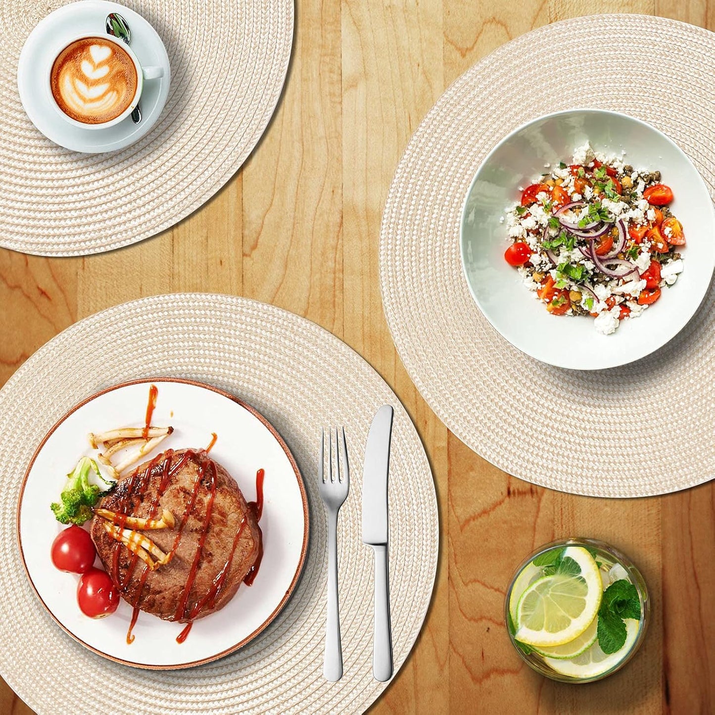 FunWheat Round Braided Placemats Set of 6, 15 inch Non-Slip Washable Table Mats for Dining Tables (Beige, 6pcs)