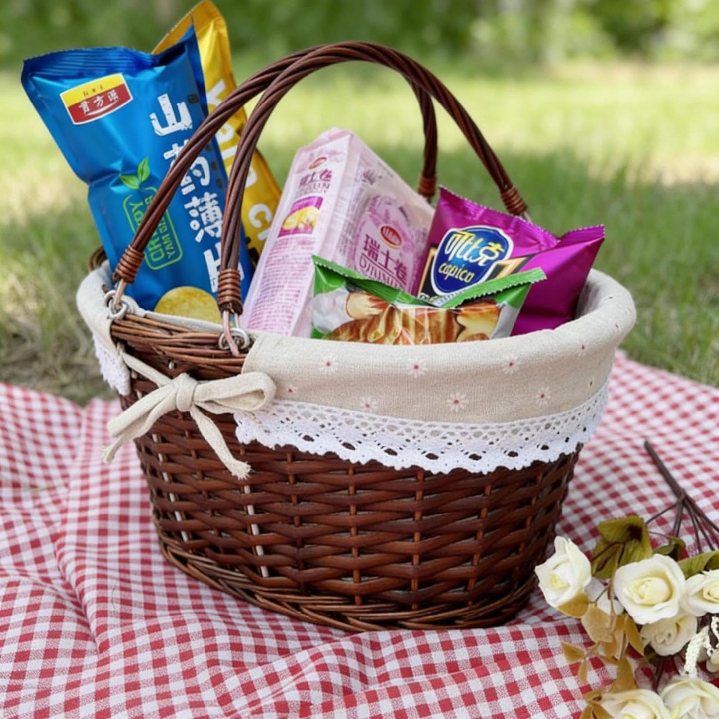KINJOEK Wicker Woven Basket, Multipurpose Natural Willow Basket with Handle Premium Linen Cotton Cloth Lining for Storage and Decoration, Brown