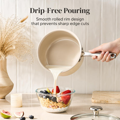 Redchef Sauce Pan & Frying Pan Set, 8" Ceramic Nonstick Fryingpan & 2.5Qt Saucepan with Lid, Mini Cookware Set, Induction Compatible, Nontoxic PTFE PFOA Free, Oven & Dishwasher Safe, Beige