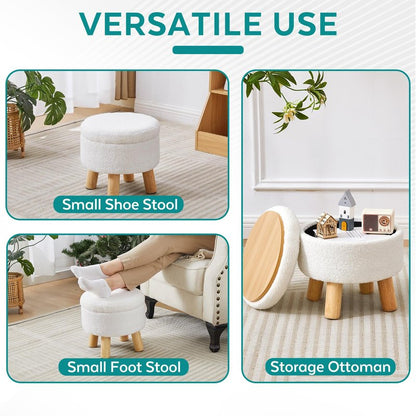 FIMIVIBI Small Ottoman with Storage, Small Storage Ottoman Round, Sherpa Foot Stool with Legs, Ottomans and Footstools for Living Room and Entryway (White)