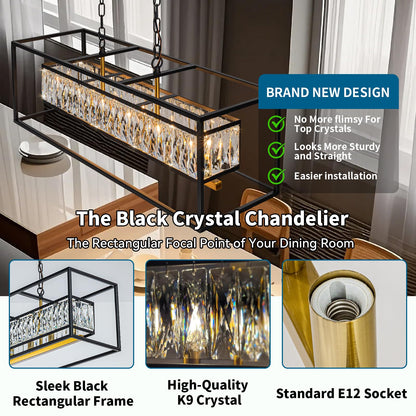 Vezzio Modern Crystal Chandelier for Dining Room 6-Light Luxury Black and Gold Rectangle Contemporary Hanging Adjustable Pendant Light Fixture Over Table for Kitchen Island, L35 Inch