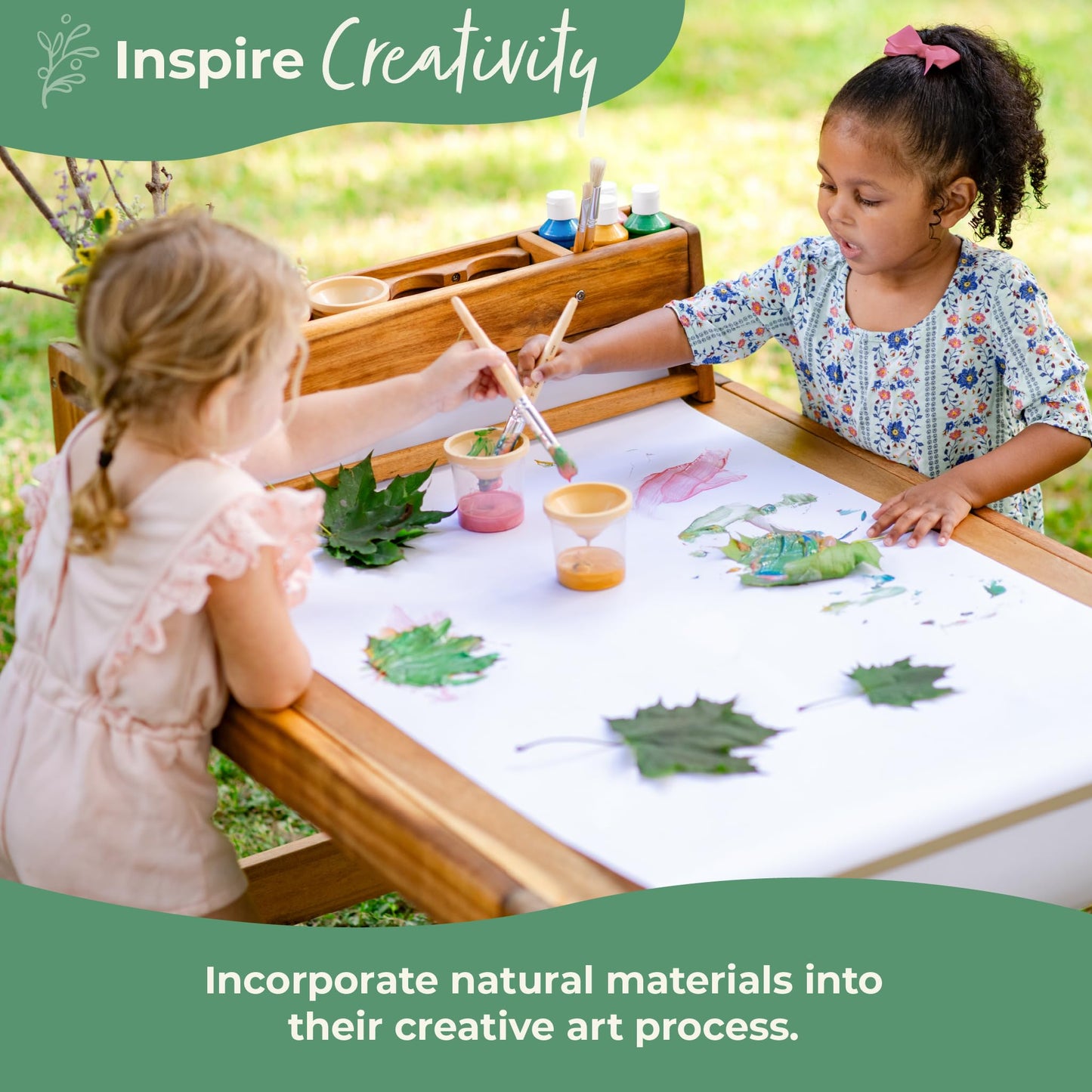 Guidecraft Acadia Outdoor Art Table and Stool Set: Kids Acacia Wood Arts and Crafts Table w/ 2 Chairs, Mobile Storage Paper Roll, and Paint Cups for Drawing, Painting and Toddler Picnic Activities