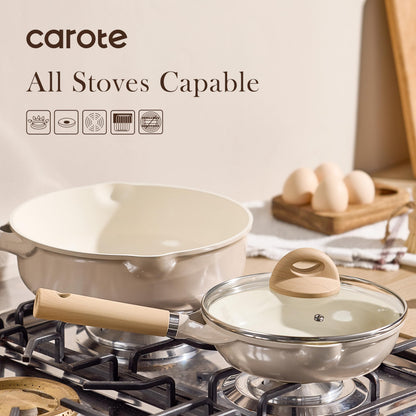 CAROTE 10" Ceramic Frying Pan with Lid, Non Stick Frying Pan Skillet Chef's Pan, Healthy & PFOA/PFAS Free, Induction-Compatible, Taupe