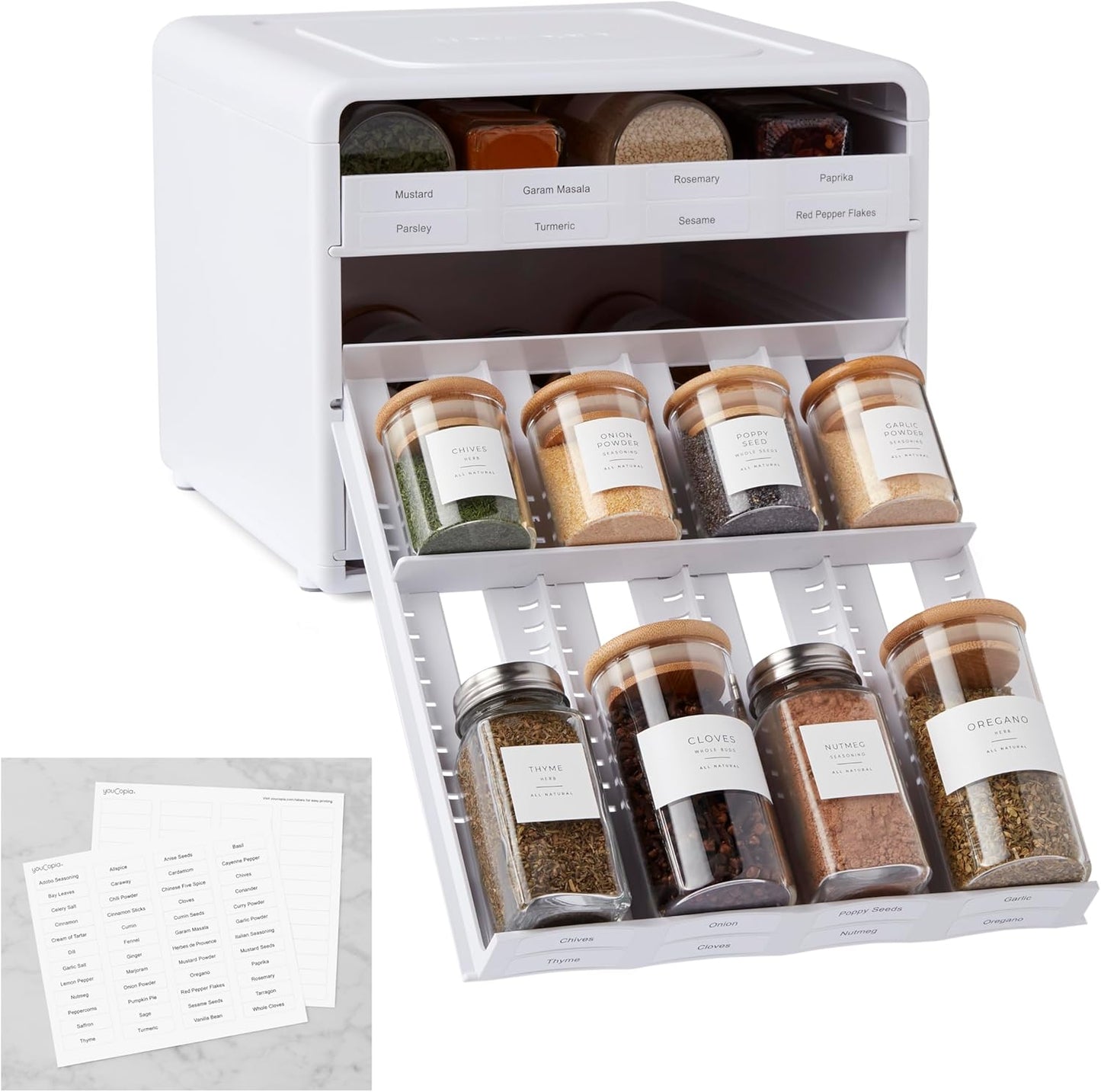 24-Bottle 104 YouCopia SpiceStack Adjustable Spice Rack Organizer, Pull-Down Seasonings and Spices Holder for Kitchen