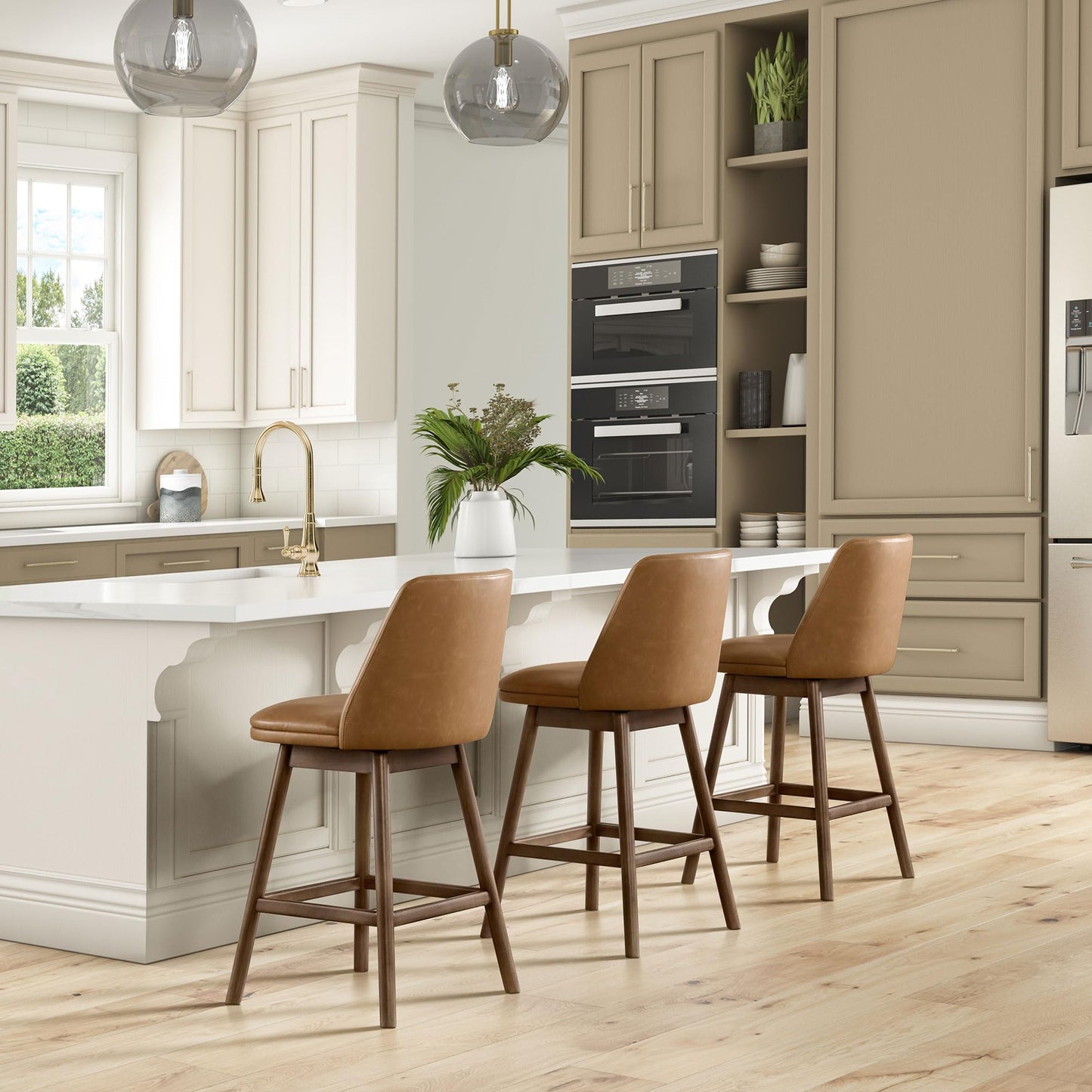 ROME + OAK Rowan 26 Inch Swivel Counter Height Stool in Walnut Finish with Brown Vegan Leather Upholstery Seat - Kitchen or Dining Room Furniture