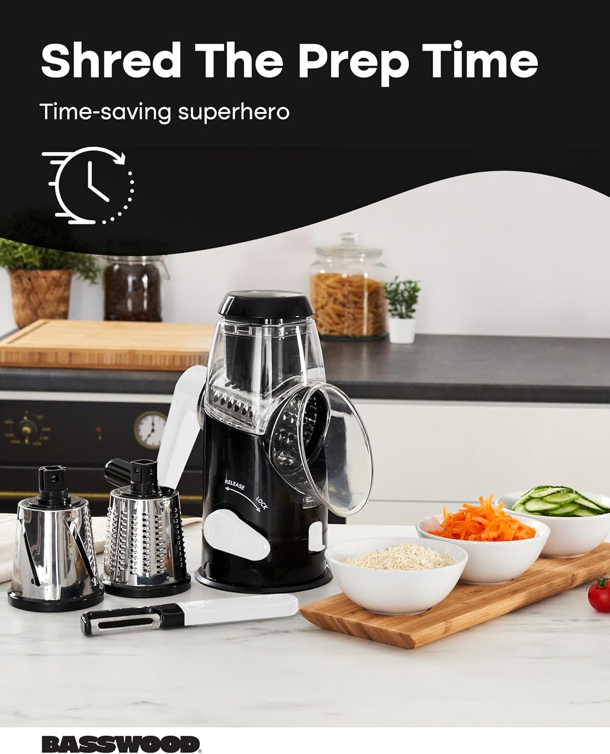 BASSWOOD Rotary Cheese Grater with Handle - Mandoline Slicer and 3 Stainless Steel Drum Blades (Black)