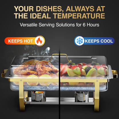 Gold Chafing Dishes for Buffet 4 Pack (7 Pans + Utensils) - 9QT Stainless Steel Chafing Dish Buffet Set - Food Warmers for Parties Buffet - Buffet Servers and Warmers (4 PACK + 7 PANS + 7 UTENSILS)