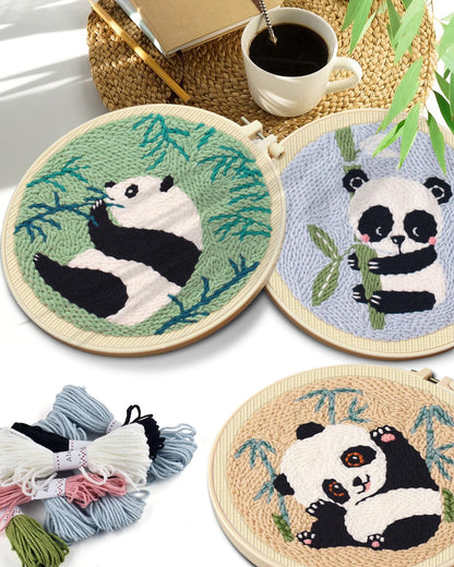 TINDTOP 3 Sets Punch Needle Kits, Panda Punch Embroidery Kits for Adults Beginner, Tool with Punch Needle Fabric, Hoops, Yarns and Sewing Needles