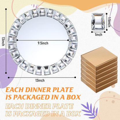 Suclain 6 Pcs Mirrored Glass Charger Plates 13 Inch Silver Mirror Plates Round Chargers for Dinner with Diamond Rim Settings for Wedding Birthday Party Events (Square Diamond Rim)