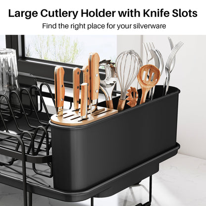 SNTD Dish Drying Rack - Large Dish Racks for Kitchen Counter, Expandable Dish Drainers with Cutlery Holder Stainless Steel Rustproof, Black