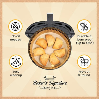 Baker's Signature Air Fryer Liners - 125 Pcs Non-Stick & Oil Proof Round Paper Liners | 8 Inch for 5-8 Qt Baskets