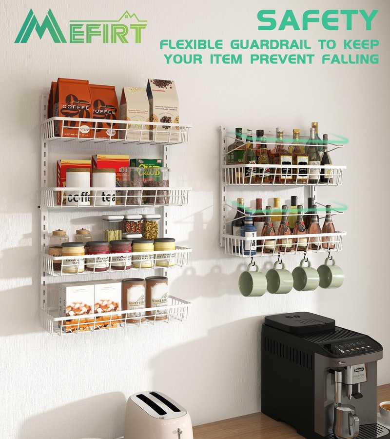 Mefirt Over The Door Pantry Organizer, Wall Mount Spice Rack, Pantry Hanging Storage and Organization, 6 Adjustable Baskets Heavy-Duty Metal for Home & Kitchen, Back of Door Seasoning Rack - White