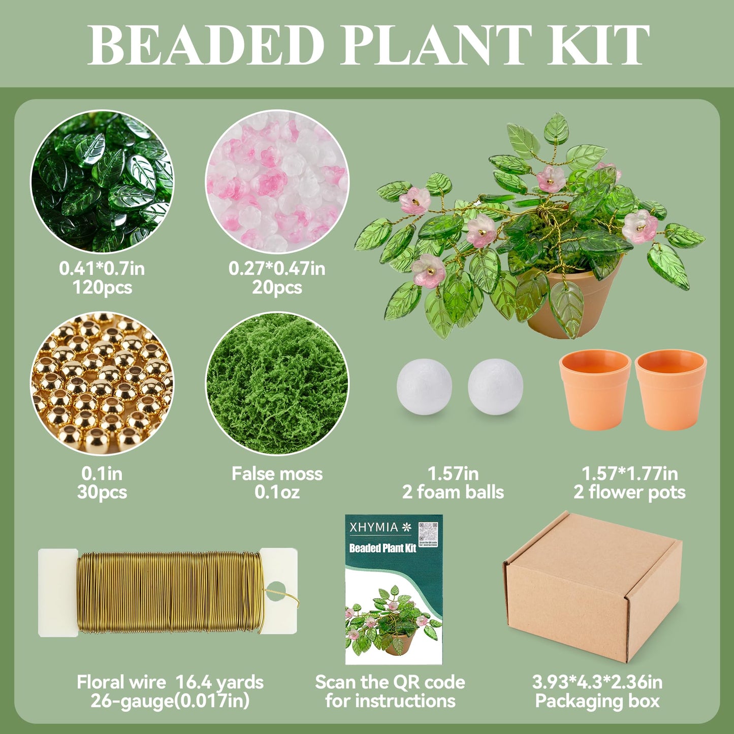 XHYMIA Beaded Plant Kit Green Glass Leaf Beads, Flower Glass Beads Mini Forever Plant Making and DIY Crafts with Video Tutorials